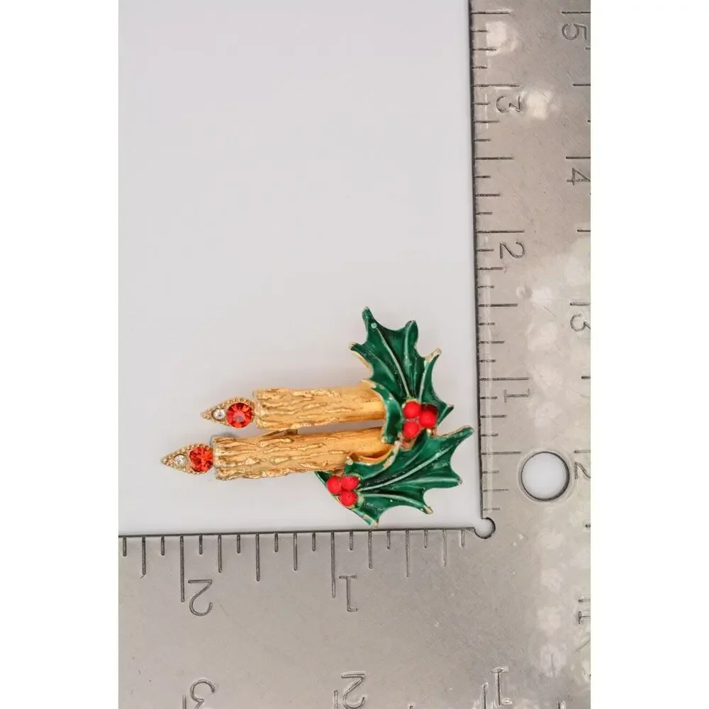 Art Vintage Pin Brooch Candle Enamel Gold Rhinestone Christmas Signed 80s BinAT